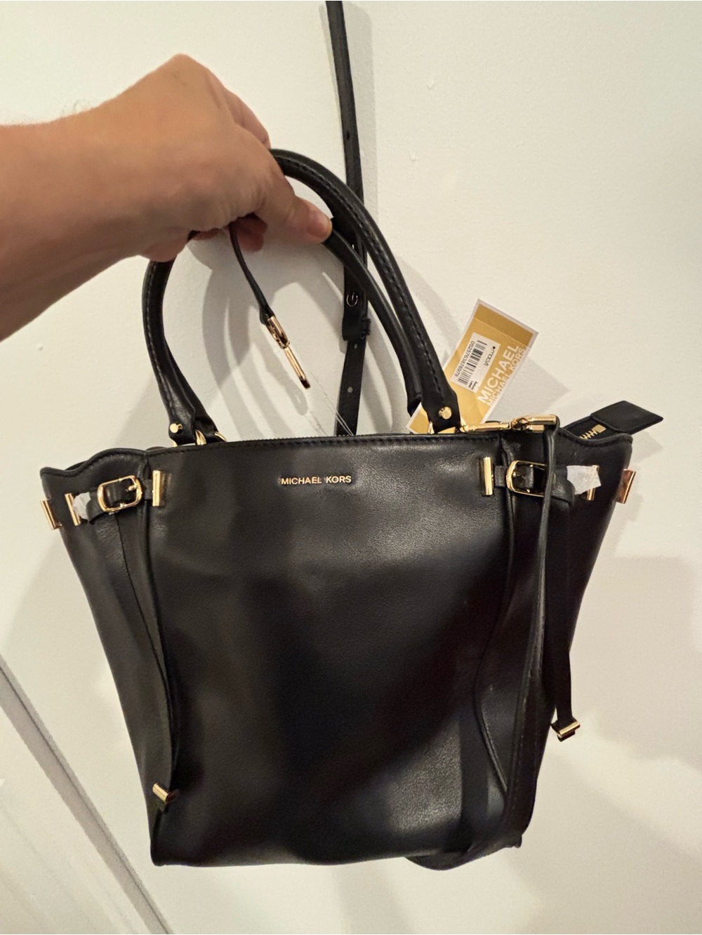 MICHAEL Michael Kors Black Leather Tote with Gold-Tone Accents